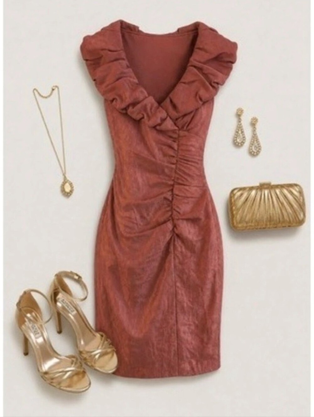 Victor Costa Vintaae Rose Gold Shimmer Ruffle Ruched Dress, Terracotta Sz 4 NWT
